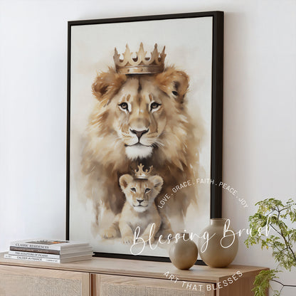 Lion and Cub Crowned Framed Canvas - Jesus Lion of Judah, Faith Family Wall Art