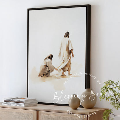 Jesus Heals Woman Who Touched His Garment - Framed Christian Canvas Wall Art, Faith & Miracles Decor, Bible Healing Artwork