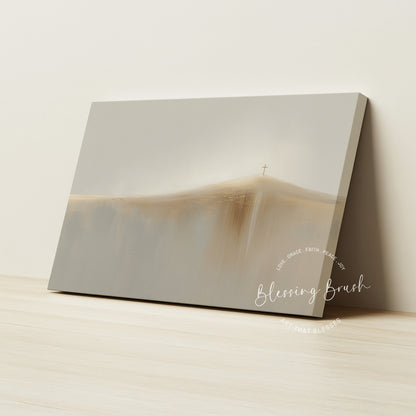 It is Finished - Jesus Cross on the Hill Framed Canvas – Minimalist Christian Painting | Blessing Brush
