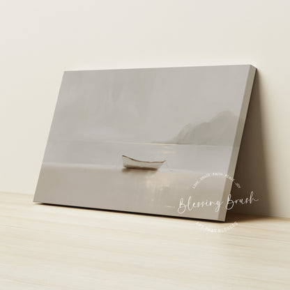 Fishers of Men Christian Wall Art Framed Canvas, Minimalist Neutral Boat Painting