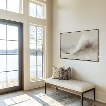 Jesus Calms the Storm Framed Canvas, Peace Be Still Minimalist Beige Christian Wall Art | Blessing Brush