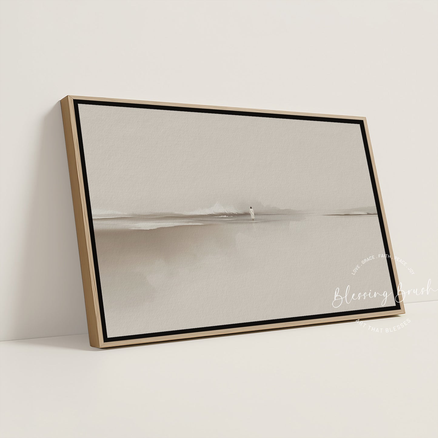 Walk by Faith – Jesus Walking on Water Framed Canvas, Minimalist Neutral Christian Wall Art | Blessing Brush