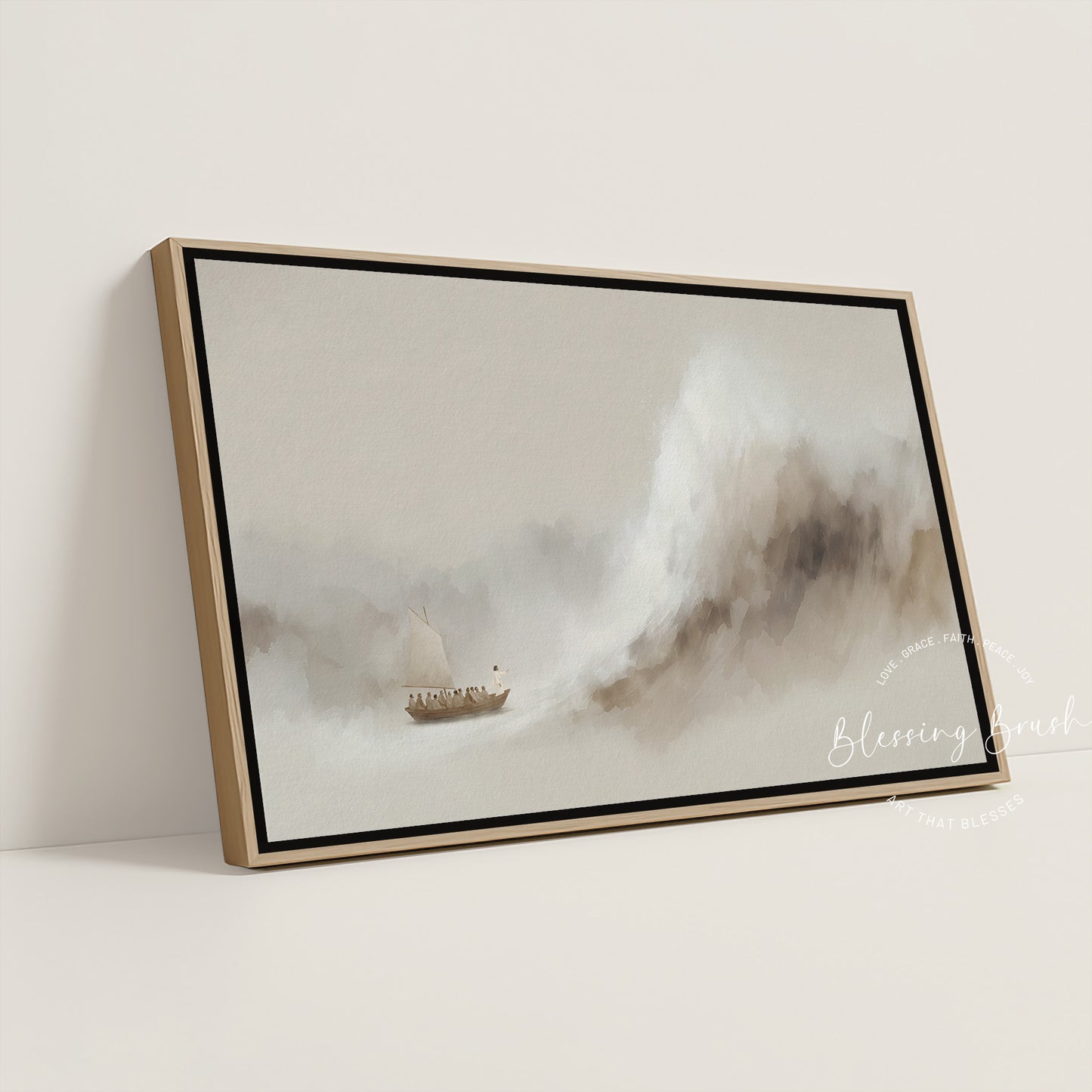 Jesus Calms the Storm Framed Canvas, Peace Be Still Minimalist Beige Christian Wall Art | Blessing Brush