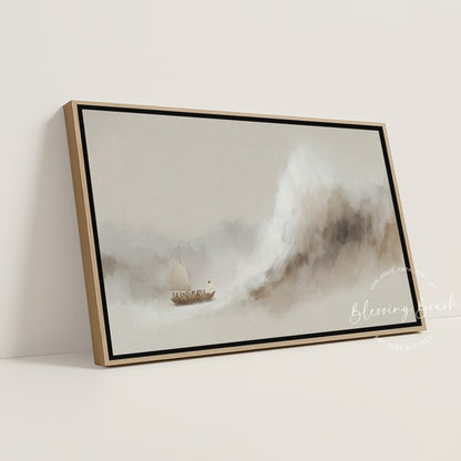 Jesus Calms the Storm Framed Canvas, Peace Be Still Minimalist Beige Christian Wall Art | Blessing Brush