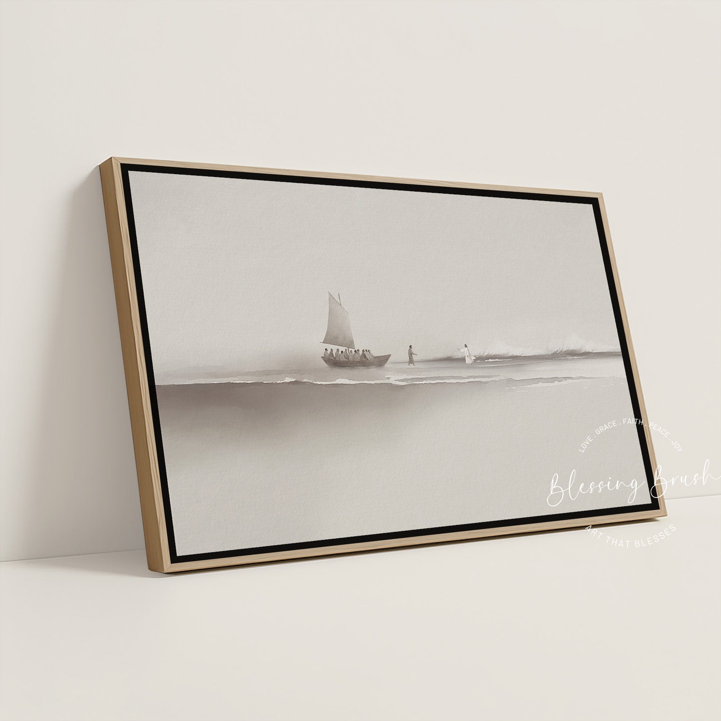 Step of Faith – Jesus and Peter Walk on Water Framed Canvas, Neutral Beige Minimalist Christian Wall Art | Blessing Brush