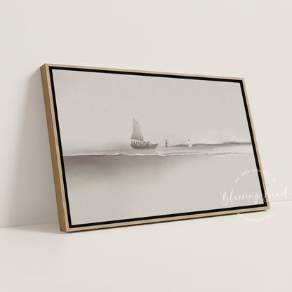 Step of Faith – Jesus and Peter Walk on Water Framed Canvas, Neutral Beige Minimalist Christian Wall Art | Blessing Brush