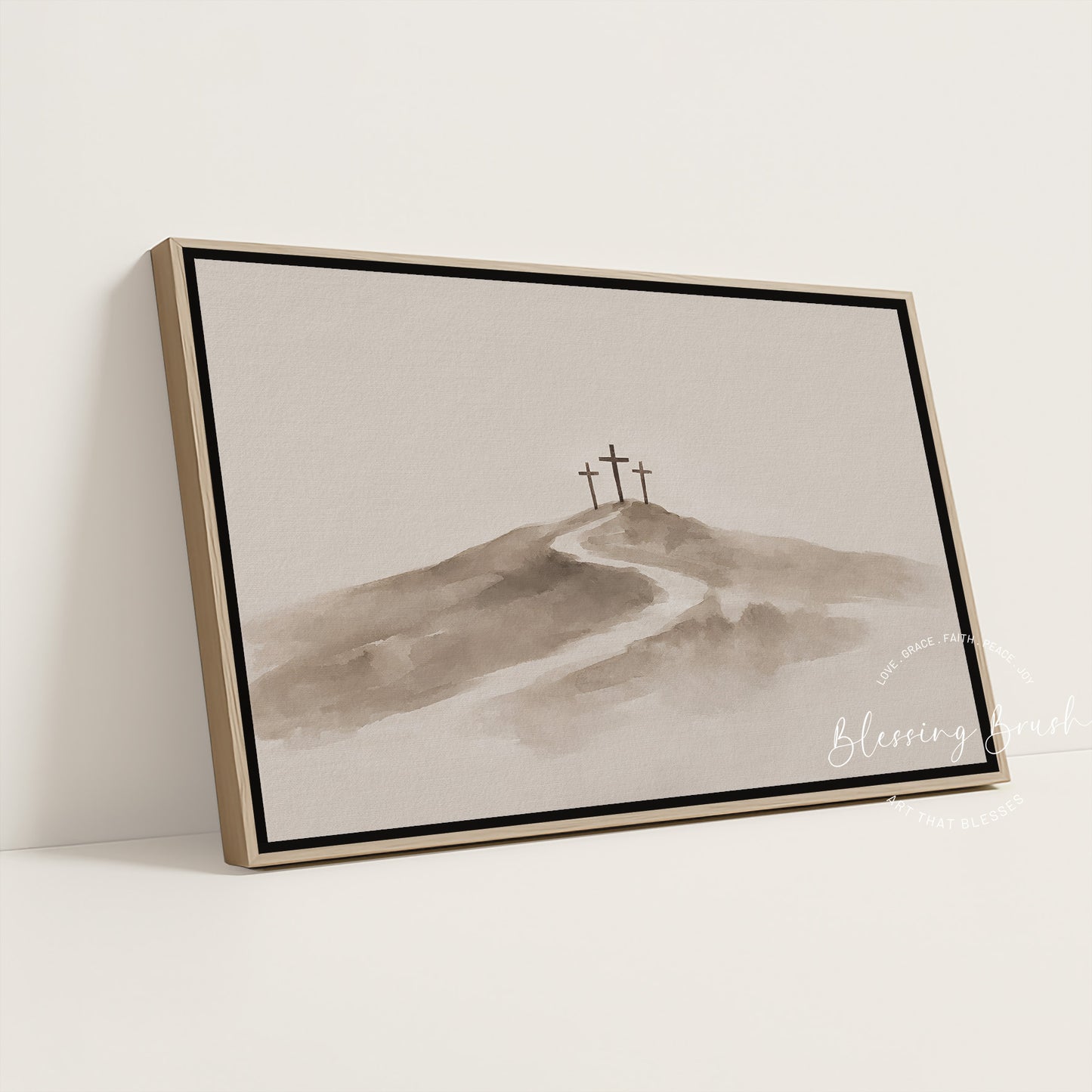 Three Crosses at Calvary Jesus Art – Beige Minimalist Christian Wall Decor | Blessing Brush