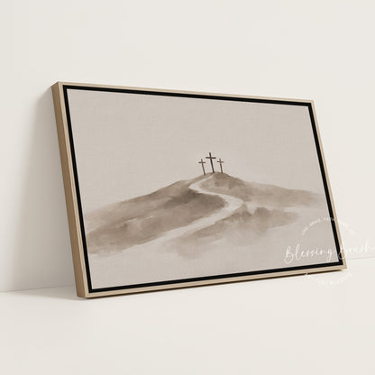 Three Crosses at Calvary Jesus Art – Beige Minimalist Christian Wall Decor | Blessing Brush