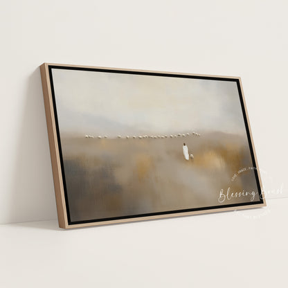 Jesus Leaves The 99 & Found Lost Sheep | Good Shepherd, Modern Christian Wall Art - Framed Canvas