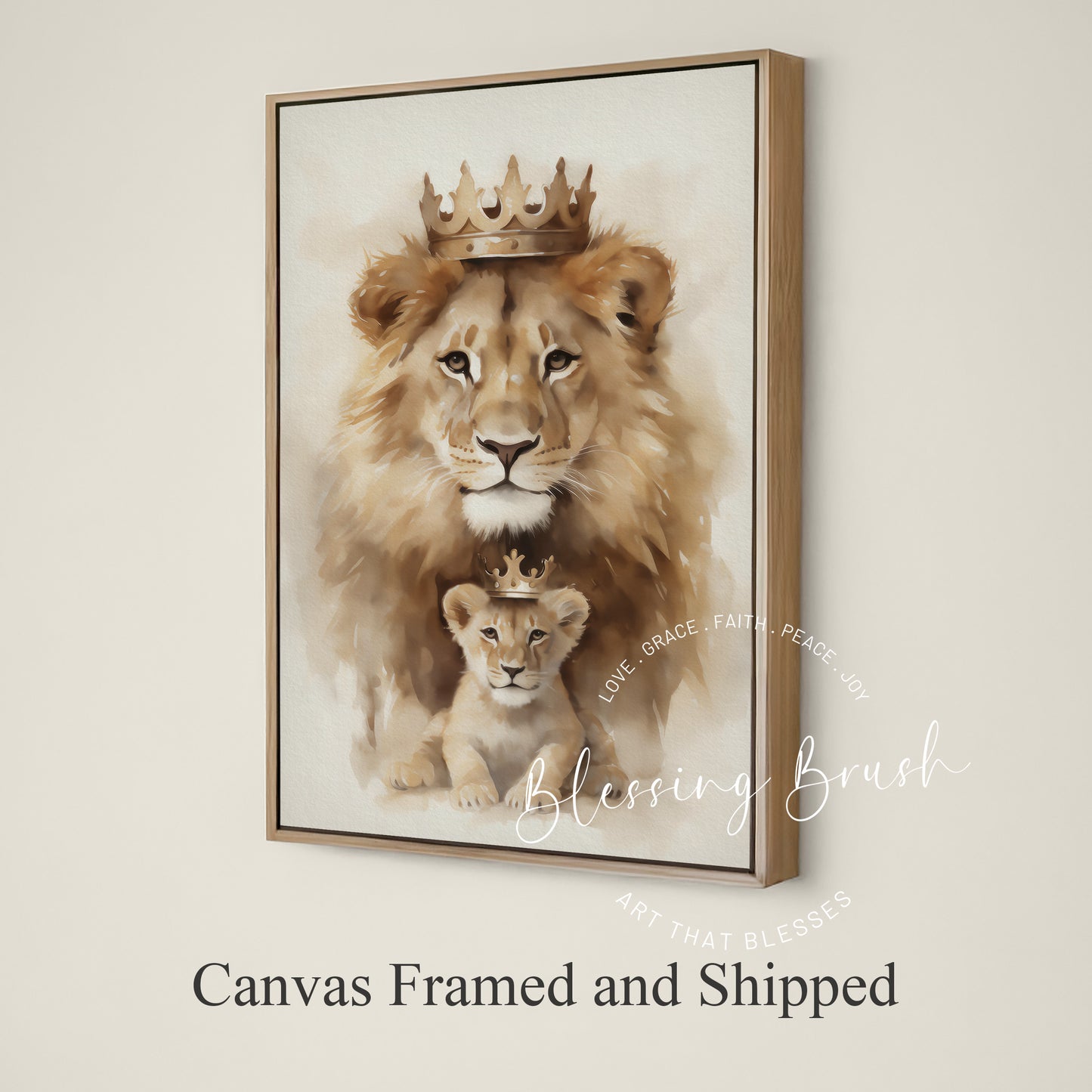 Lion and Cub Crowned Framed Canvas - Jesus Lion of Judah, Faith Family Wall Art