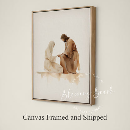 Jesus Heals the Woman - Framed Christian Canvas Wall Art, Bible Compassion Scene, Faith-Based Home Decor