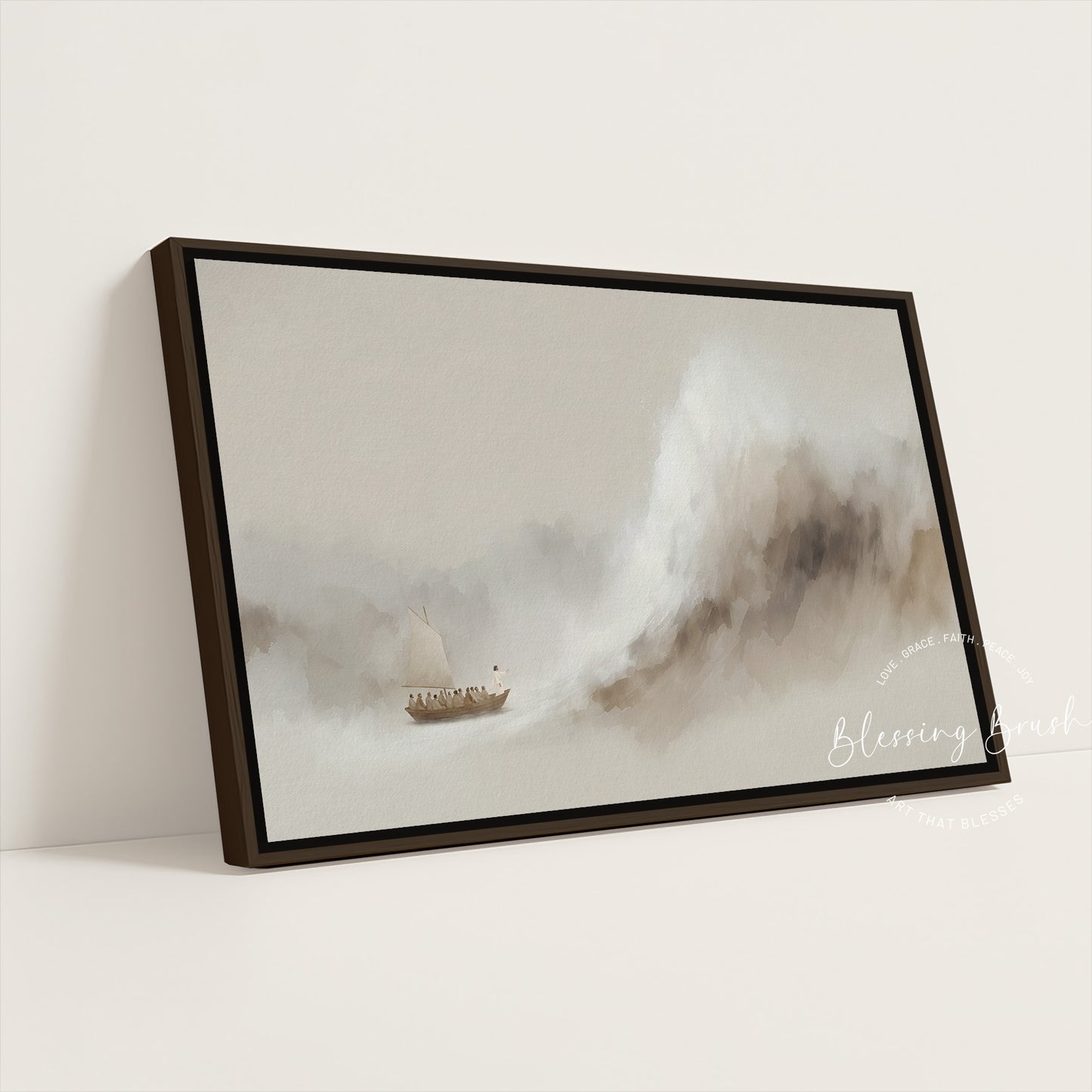 Jesus Calms the Storm Framed Canvas, Peace Be Still Minimalist Beige Christian Wall Art | Blessing Brush