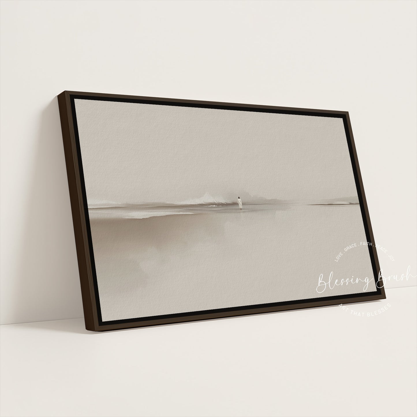 Walk by Faith – Jesus Walking on Water Framed Canvas, Minimalist Neutral Christian Wall Art | Blessing Brush