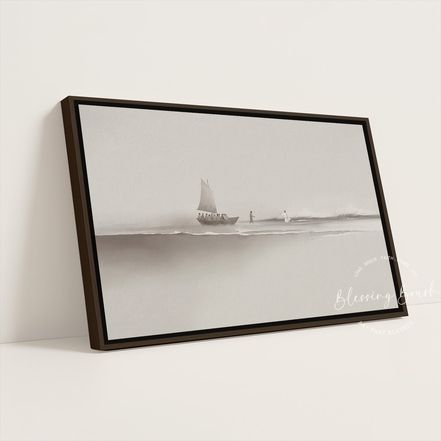 Step of Faith – Jesus and Peter Walk on Water Framed Canvas, Neutral Beige Minimalist Christian Wall Art | Blessing Brush