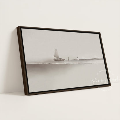 Step of Faith – Jesus and Peter Walk on Water Framed Canvas, Neutral Beige Minimalist Christian Wall Art | Blessing Brush