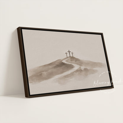 Three Crosses at Calvary Jesus Art – Beige Minimalist Christian Wall Decor | Blessing Brush