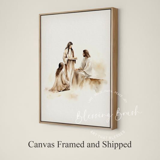Mary and Martha with Jesus - Christian Framed Canvas Wall Art, Bible Devotion Scene, Faith-Based Neutral Home Decor