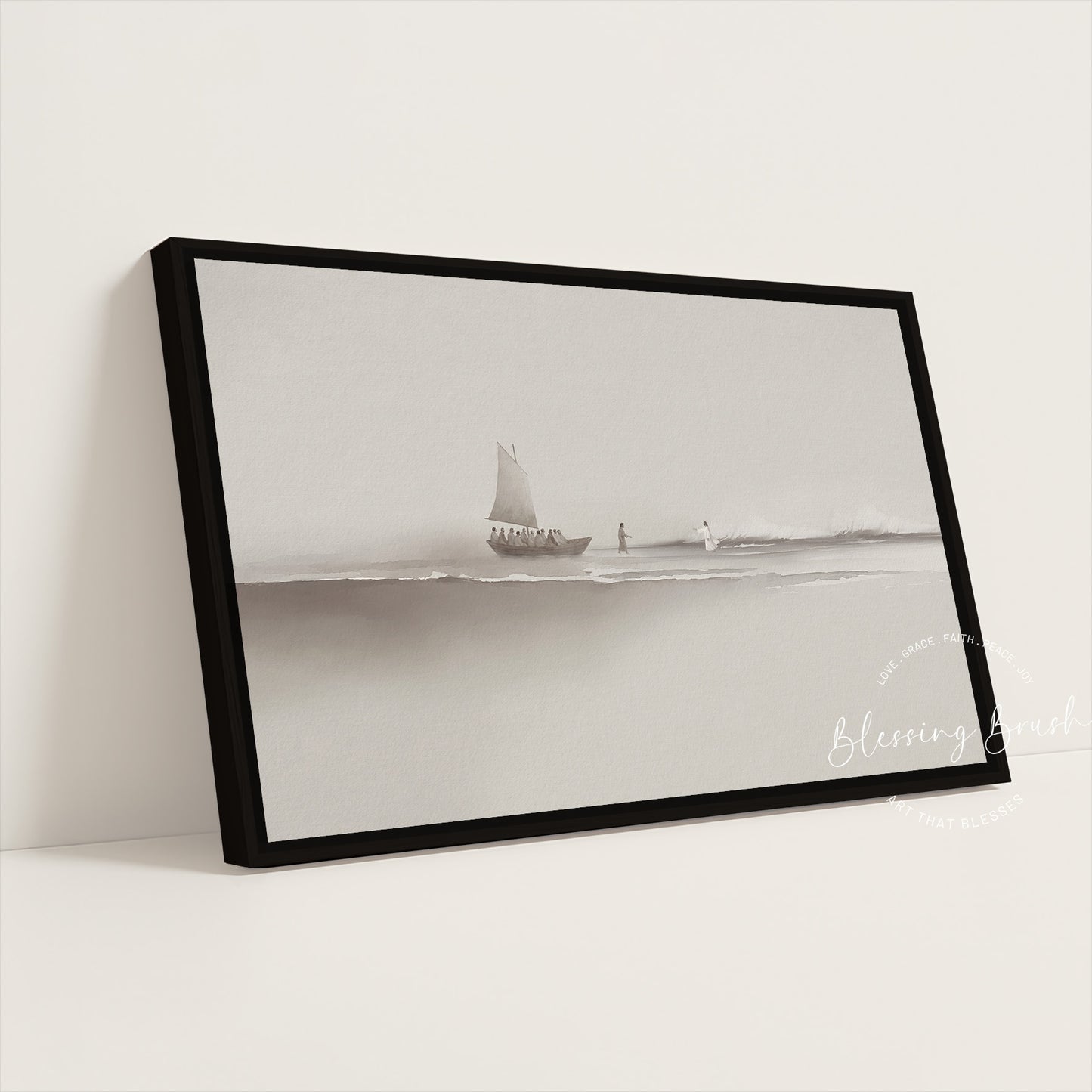 Step of Faith – Jesus and Peter Walk on Water Framed Canvas, Neutral Beige Minimalist Christian Wall Art | Blessing Brush