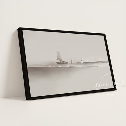Step of Faith – Jesus and Peter Walk on Water Framed Canvas, Neutral Beige Minimalist Christian Wall Art | Blessing Brush