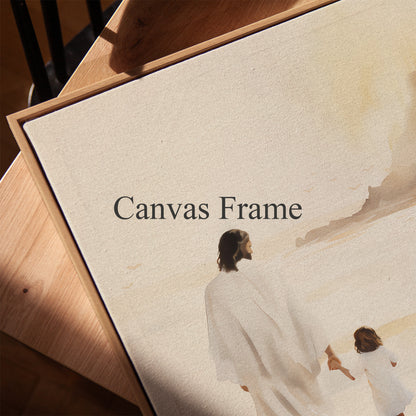 Jesus Walking with Child - Christian Framed Canvas Wall Art, Gentle Faith-Inspired Print, Spiritual Shoreline Scene for Home or Nursery