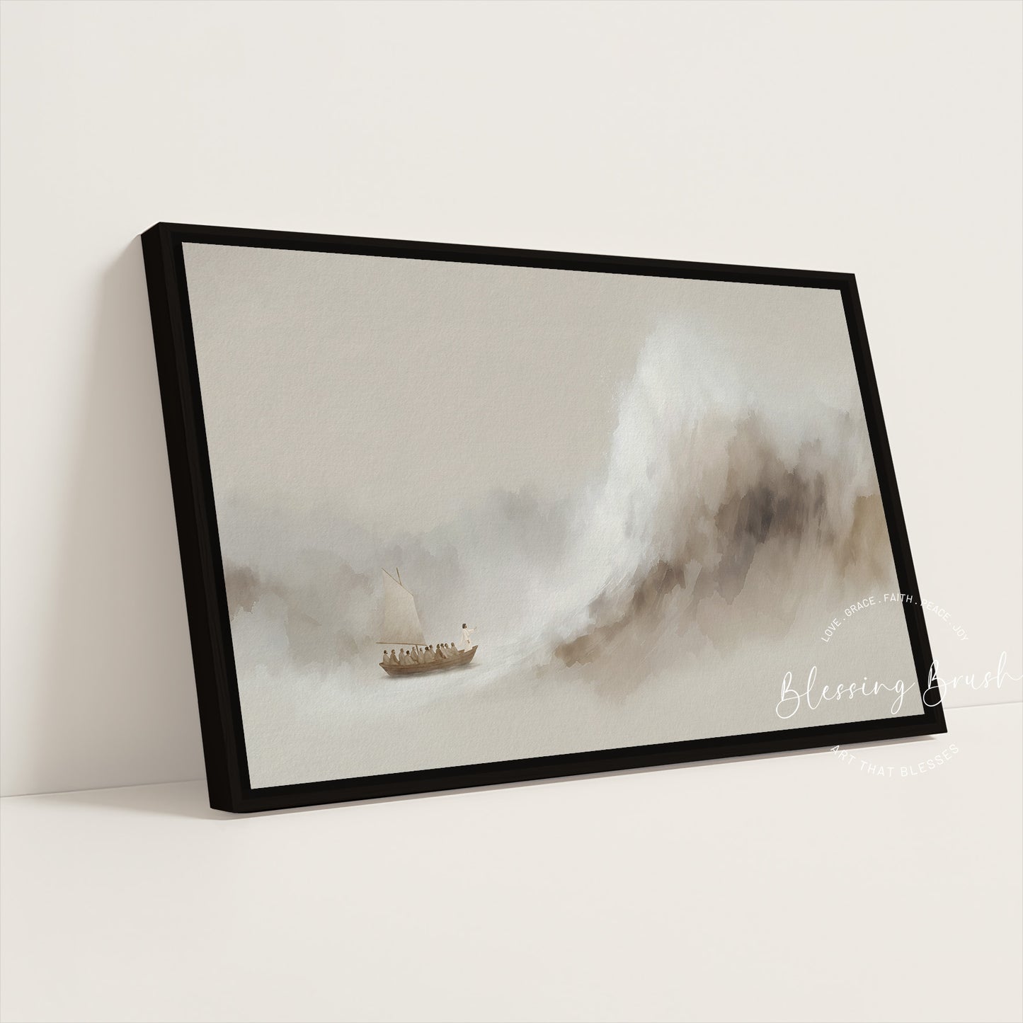 Jesus Calms the Storm Framed Canvas, Peace Be Still Minimalist Beige Christian Wall Art | Blessing Brush