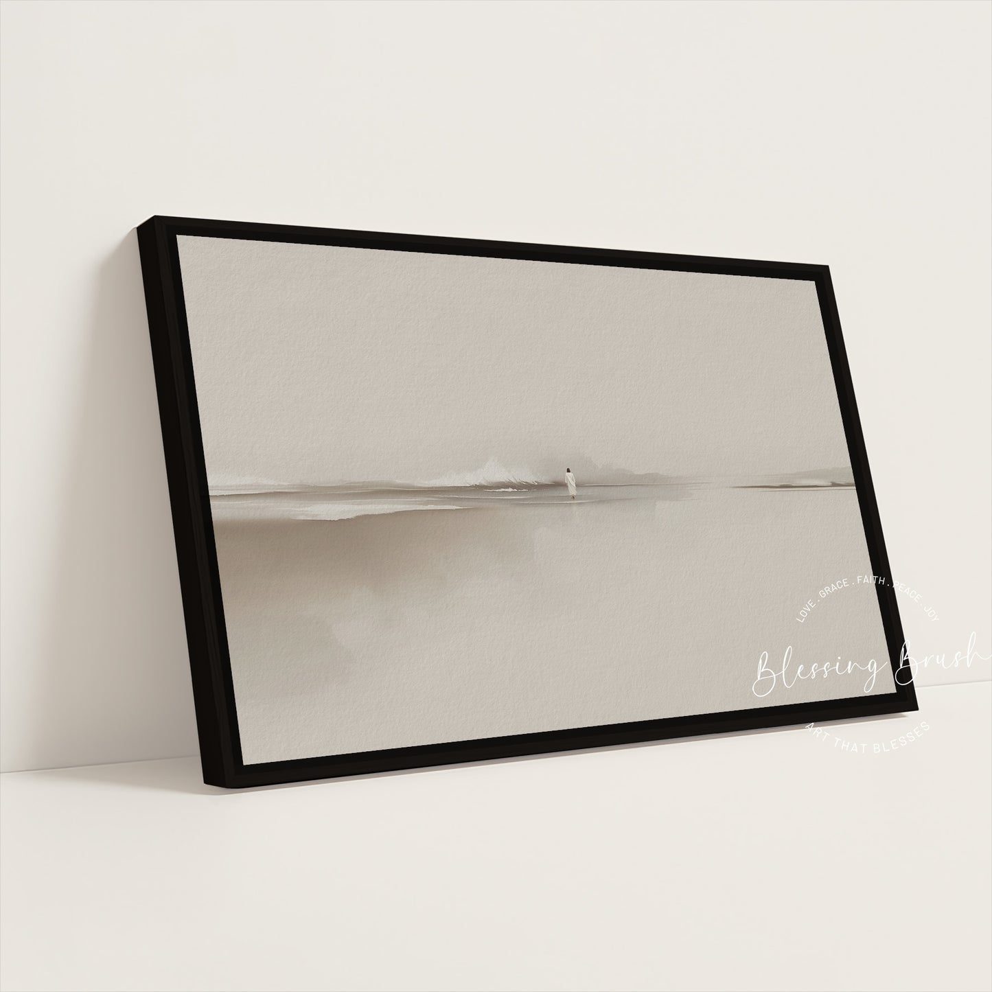 Walk by Faith – Jesus Walking on Water Framed Canvas, Minimalist Neutral Christian Wall Art | Blessing Brush
