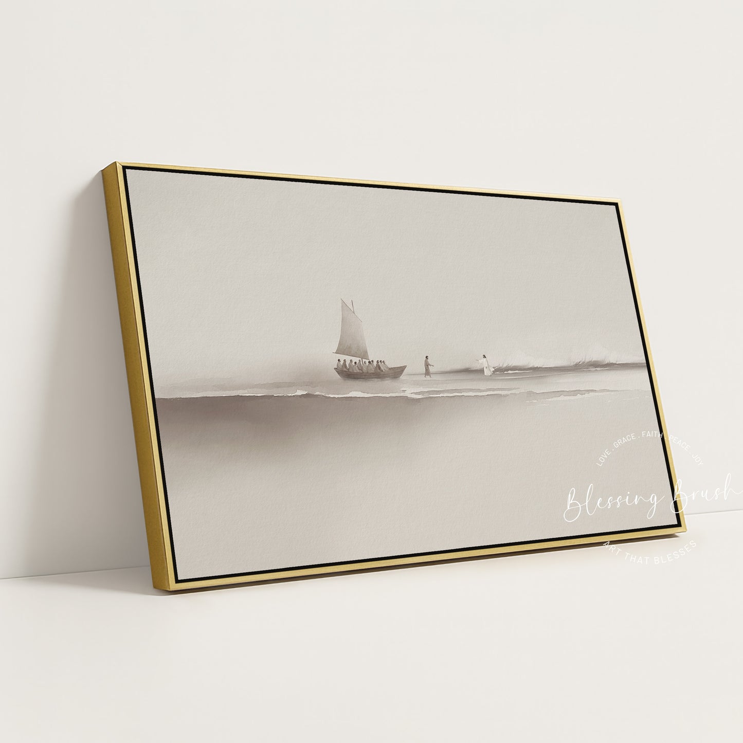 Step of Faith – Jesus and Peter Walk on Water Framed Canvas, Neutral Beige Minimalist Christian Wall Art | Blessing Brush