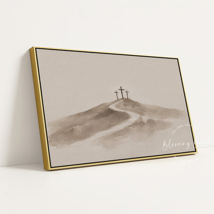 Three Crosses at Calvary Jesus Art – Beige Minimalist Christian Wall Decor | Blessing Brush