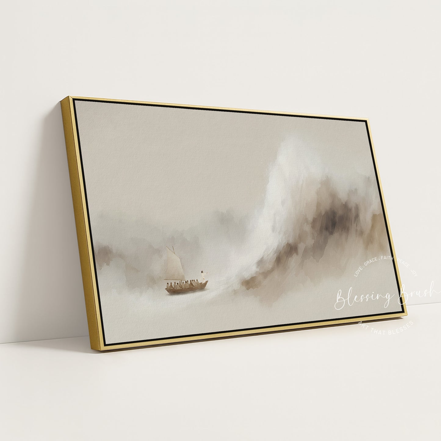 Jesus Calms the Storm Framed Canvas, Peace Be Still Minimalist Beige Christian Wall Art | Blessing Brush