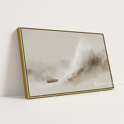 Jesus Calms the Storm Framed Canvas, Peace Be Still Minimalist Beige Christian Wall Art | Blessing Brush