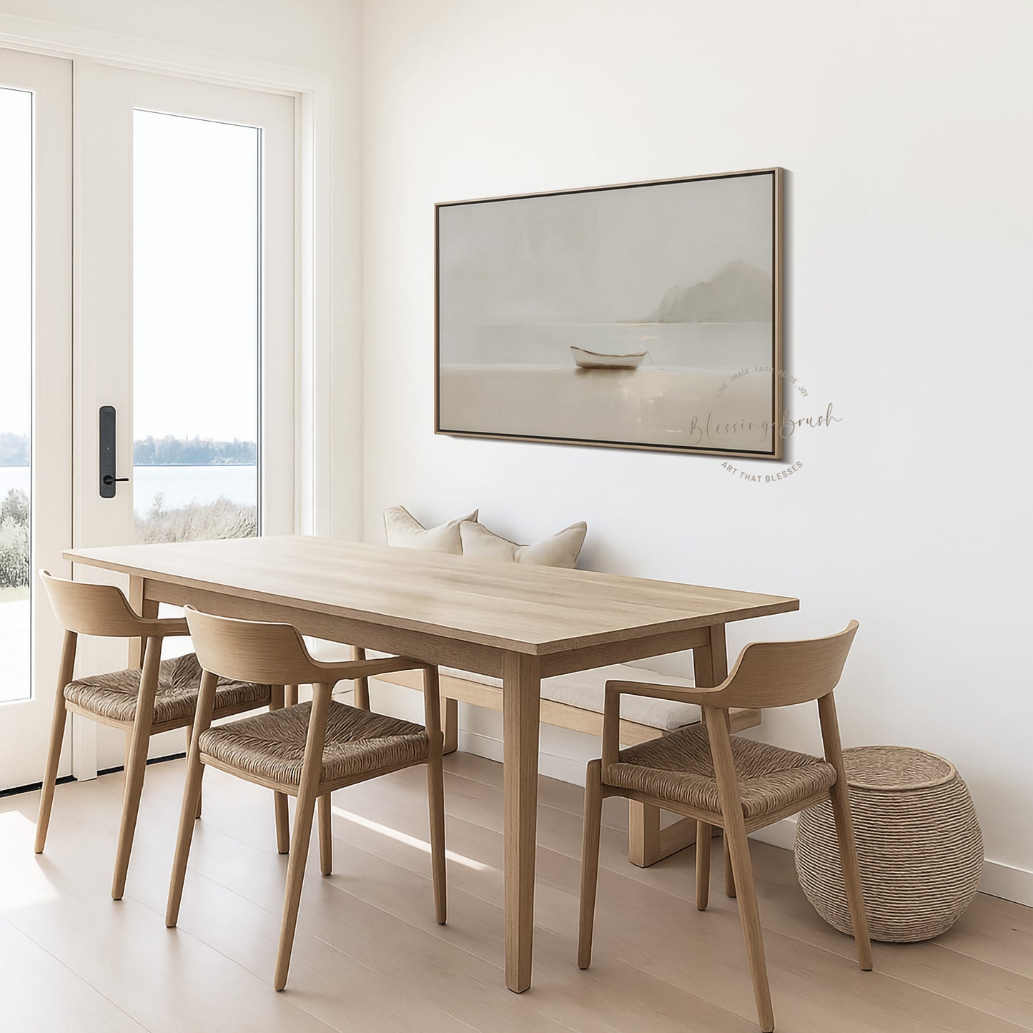 Fishers of Men Christian Wall Art Framed Canvas, Minimalist Neutral Boat Painting