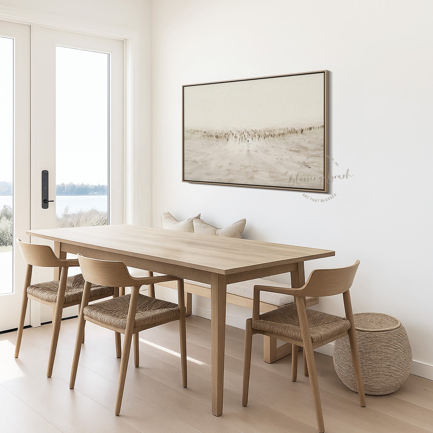 Jesus Teaching the Multitudes – Sermon on the Mount Large Framed Canvas – Minimalist Christian Art