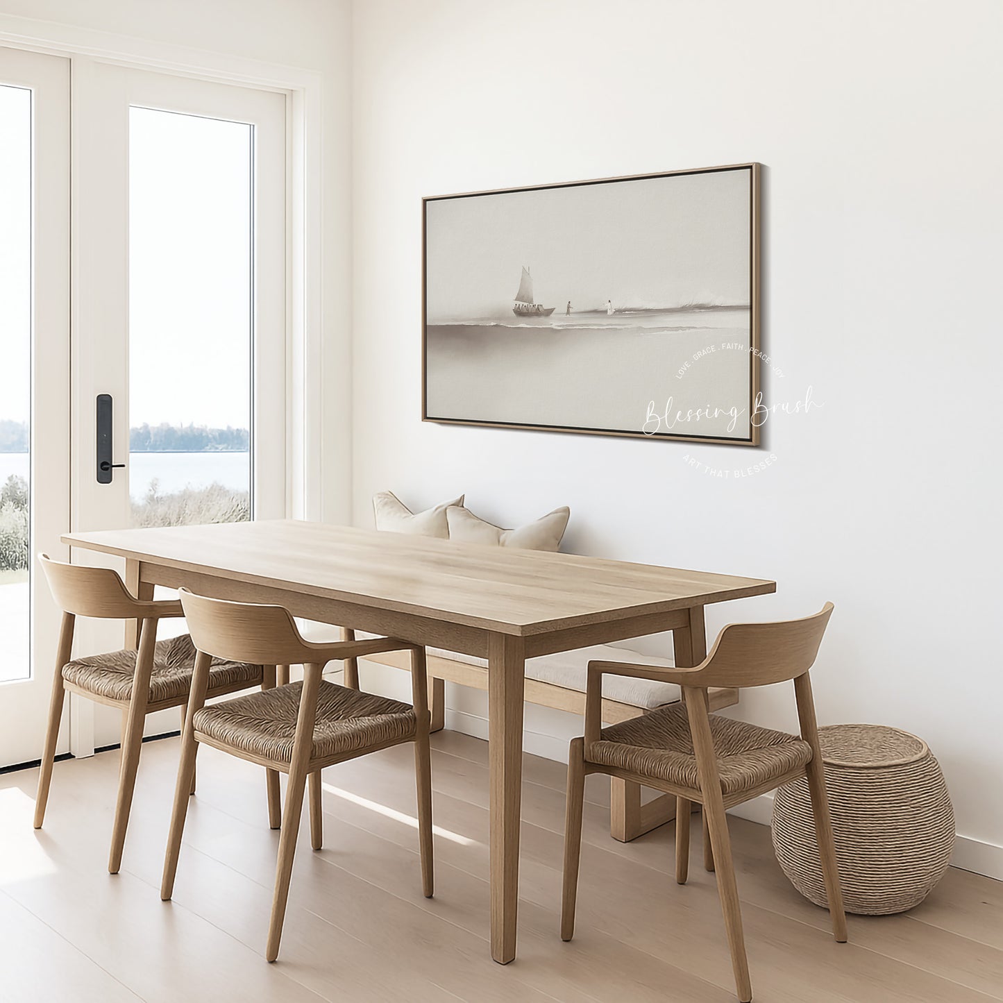 Step of Faith – Jesus and Peter Walk on Water Framed Canvas, Neutral Beige Minimalist Christian Wall Art | Blessing Brush