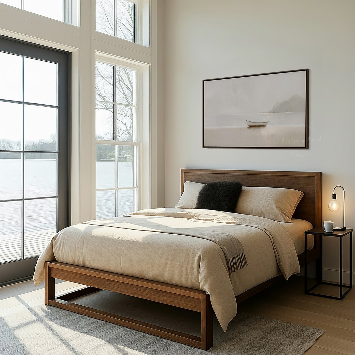 Fishers of Men Christian Wall Art Framed Canvas, Minimalist Neutral Boat Painting