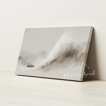Jesus Calms the Storm Framed Canvas, Peace Be Still Minimalist Beige Christian Wall Art | Blessing Brush