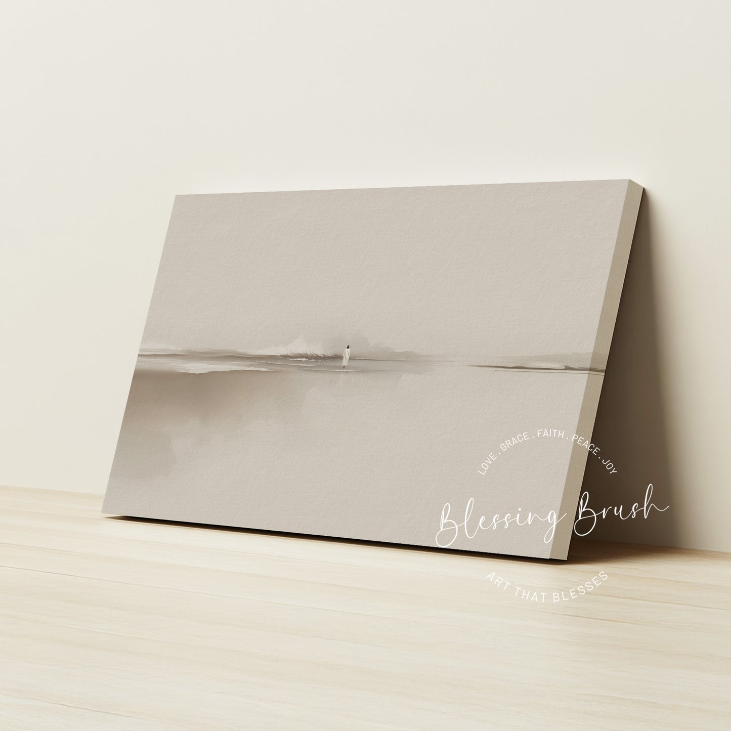 Walk by Faith – Jesus Walking on Water Framed Canvas, Minimalist Neutral Christian Wall Art | Blessing Brush