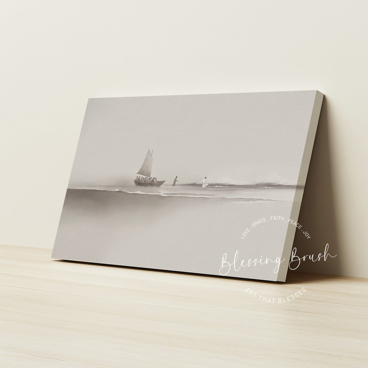 Step of Faith – Jesus and Peter Walk on Water Framed Canvas, Neutral Beige Minimalist Christian Wall Art | Blessing Brush