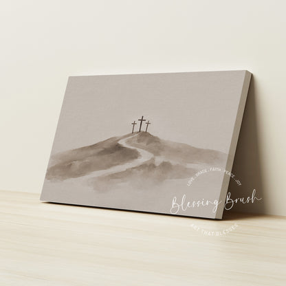 Three Crosses at Calvary Jesus Art – Beige Minimalist Christian Wall Decor | Blessing Brush