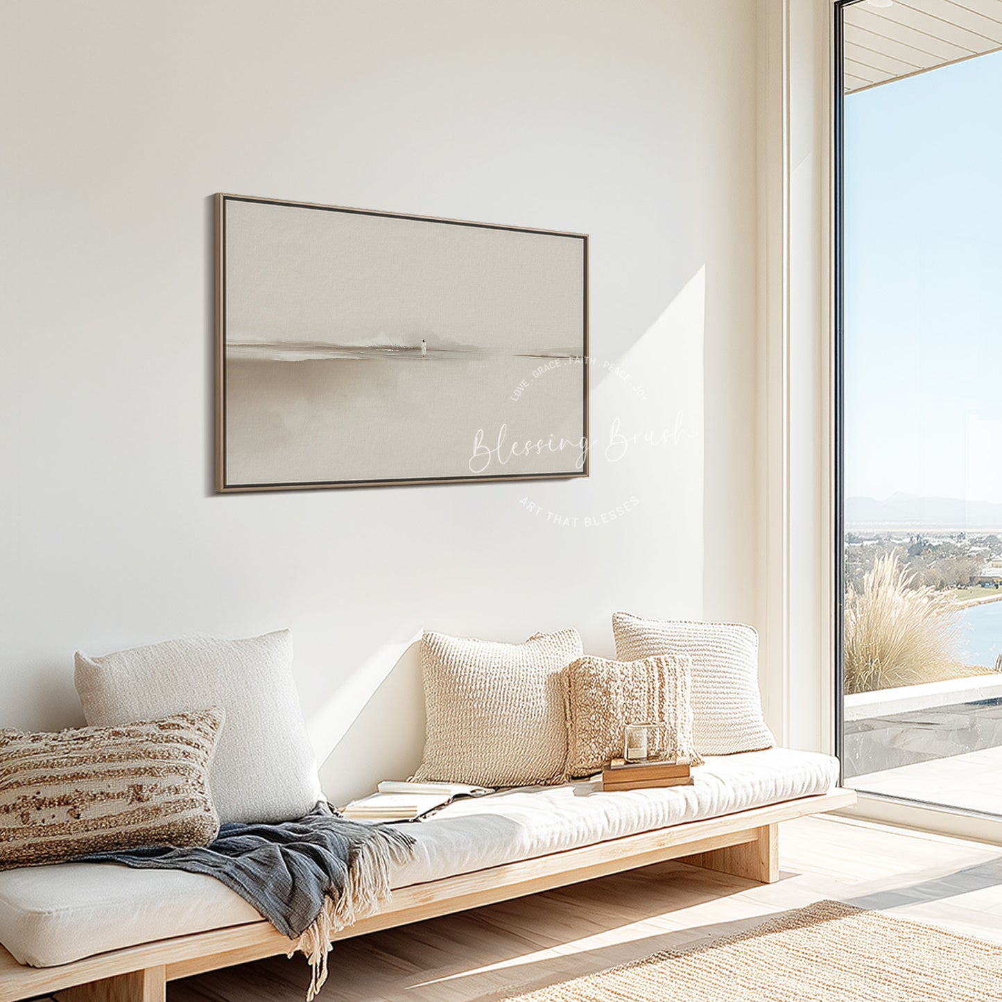 Walk by Faith – Jesus Walking on Water Framed Canvas, Minimalist Neutral Christian Wall Art | Blessing Brush