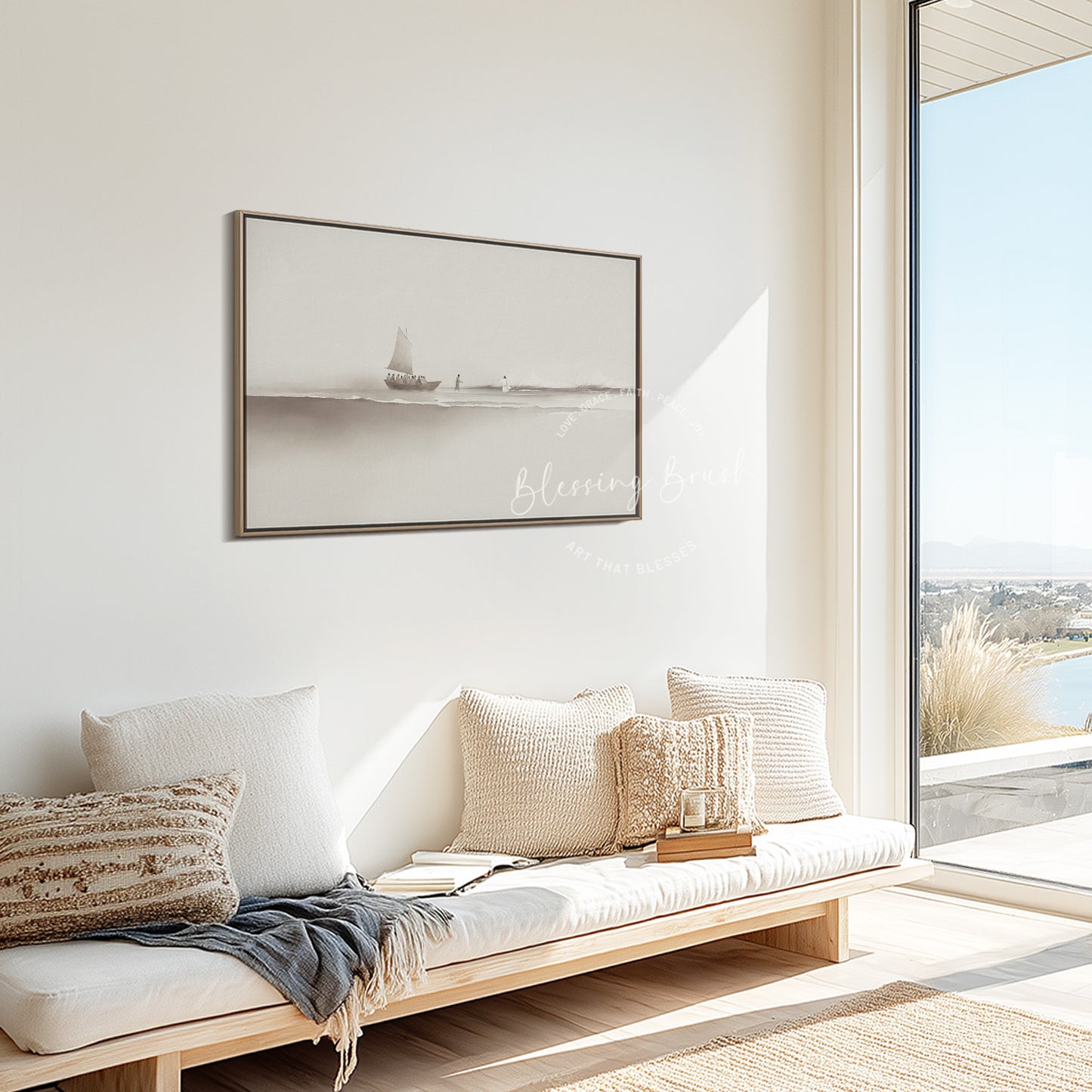 Step of Faith – Jesus and Peter Walk on Water Framed Canvas, Neutral Beige Minimalist Christian Wall Art | Blessing Brush