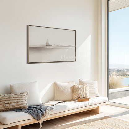 Step of Faith – Jesus and Peter Walk on Water Framed Canvas, Neutral Beige Minimalist Christian Wall Art | Blessing Brush