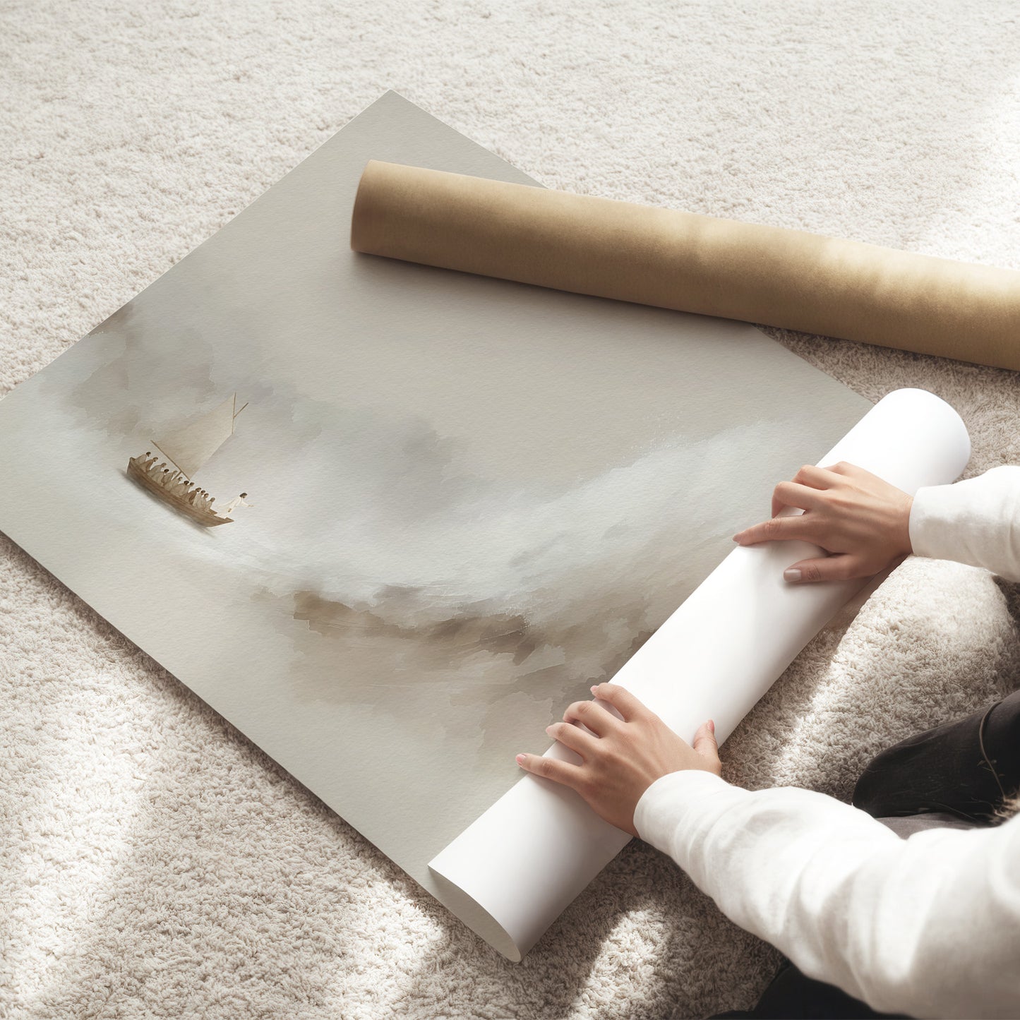 Jesus Calms the Storm Framed Canvas, Peace Be Still Minimalist Beige Christian Wall Art | Blessing Brush