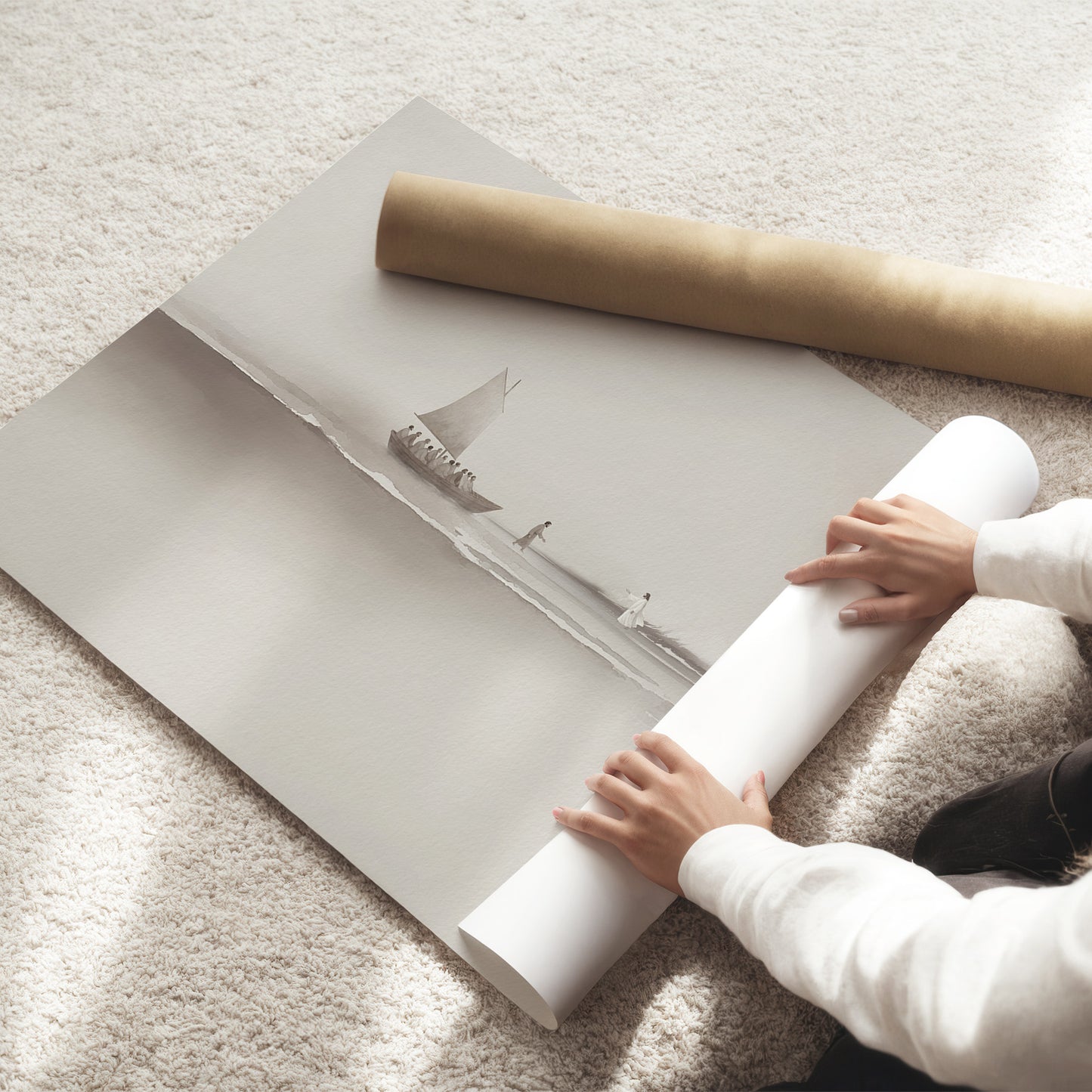 Step of Faith – Jesus and Peter Walk on Water Framed Canvas, Neutral Beige Minimalist Christian Wall Art | Blessing Brush