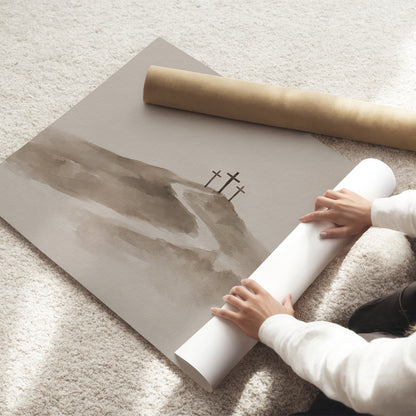 Three Crosses at Calvary Jesus Art – Beige Minimalist Christian Wall Decor | Blessing Brush