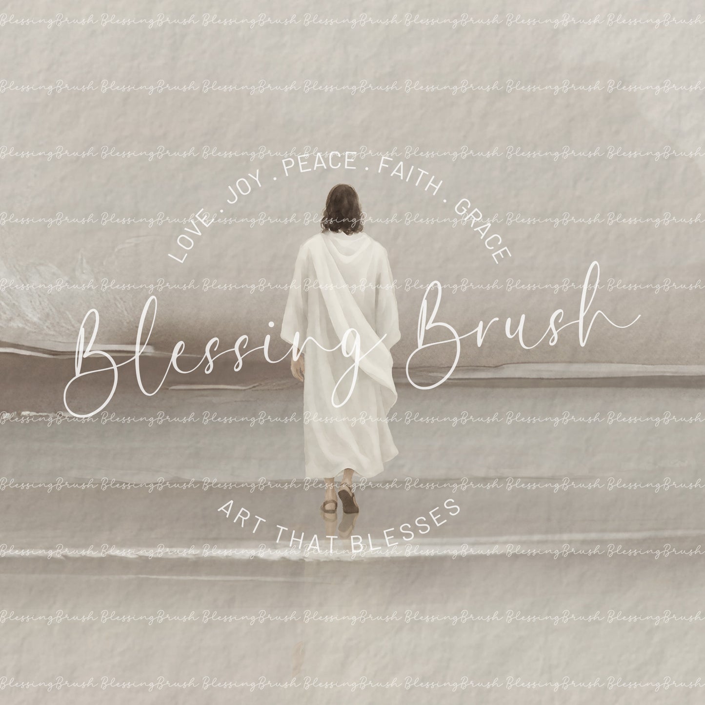 Walk by Faith – Jesus Walking on Water Framed Canvas, Minimalist Neutral Christian Wall Art | Blessing Brush