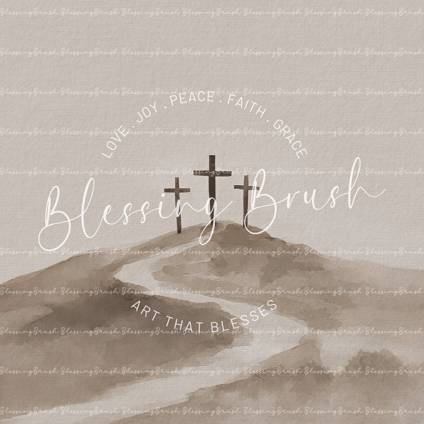 Three Crosses at Calvary Jesus Art – Beige Minimalist Christian Wall Decor | Blessing Brush