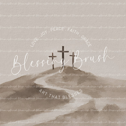 Three Crosses at Calvary Jesus Art – Beige Minimalist Christian Wall Decor | Blessing Brush