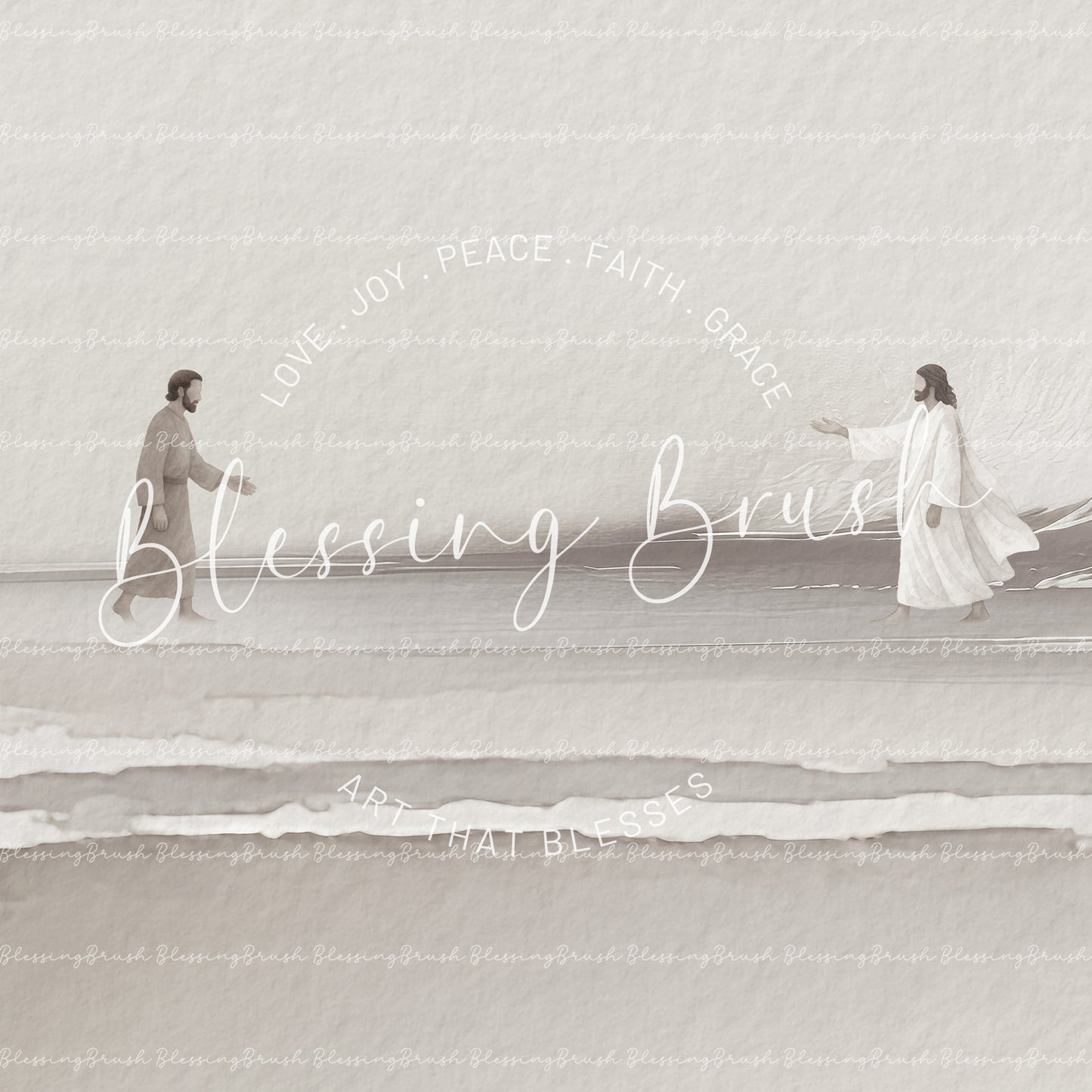 Step of Faith – Jesus and Peter Walk on Water Framed Canvas, Neutral Beige Minimalist Christian Wall Art | Blessing Brush