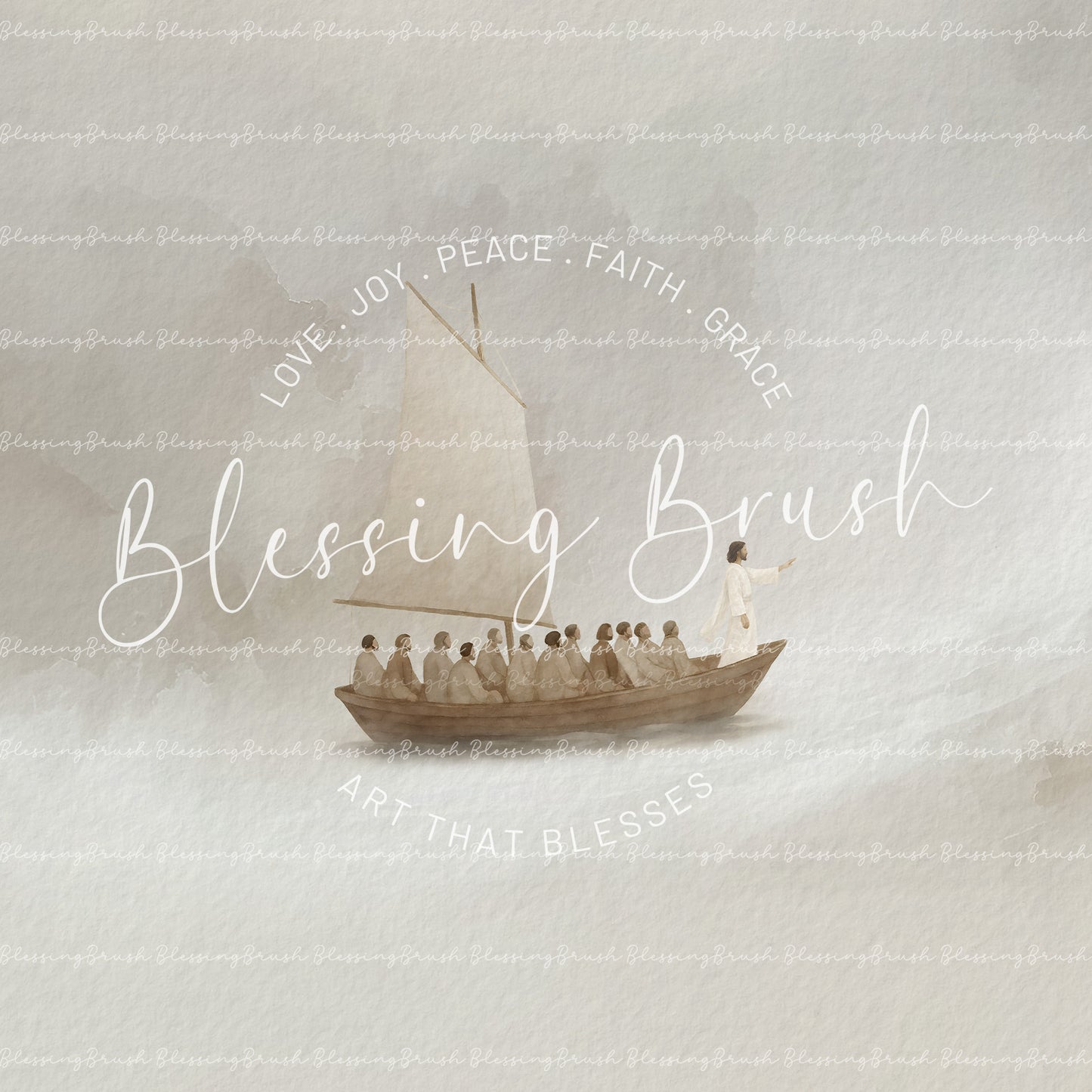 Jesus Calms the Storm Framed Canvas, Peace Be Still Minimalist Beige Christian Wall Art | Blessing Brush