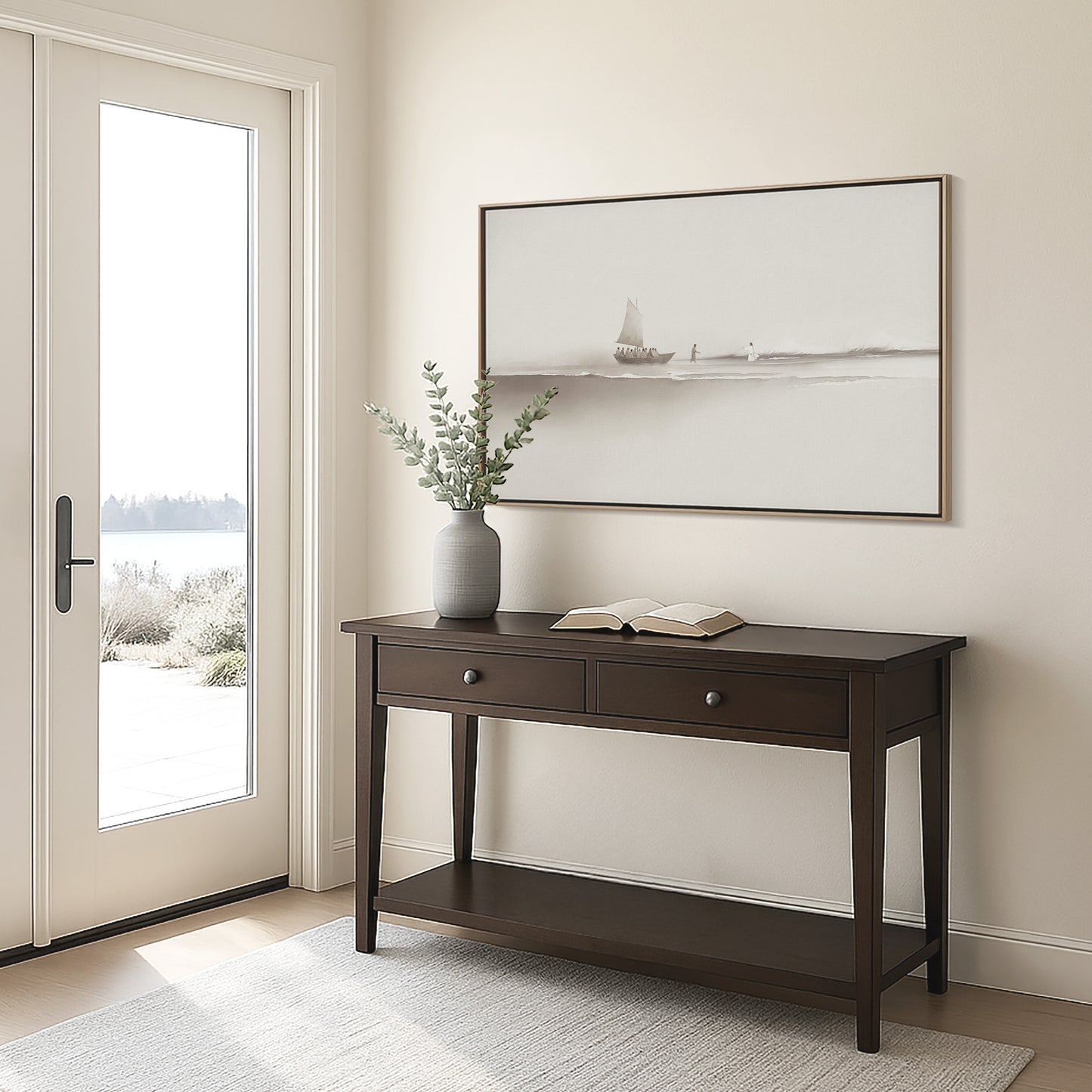 Step of Faith – Jesus and Peter Walk on Water Framed Canvas, Neutral Beige Minimalist Christian Wall Art | Blessing Brush